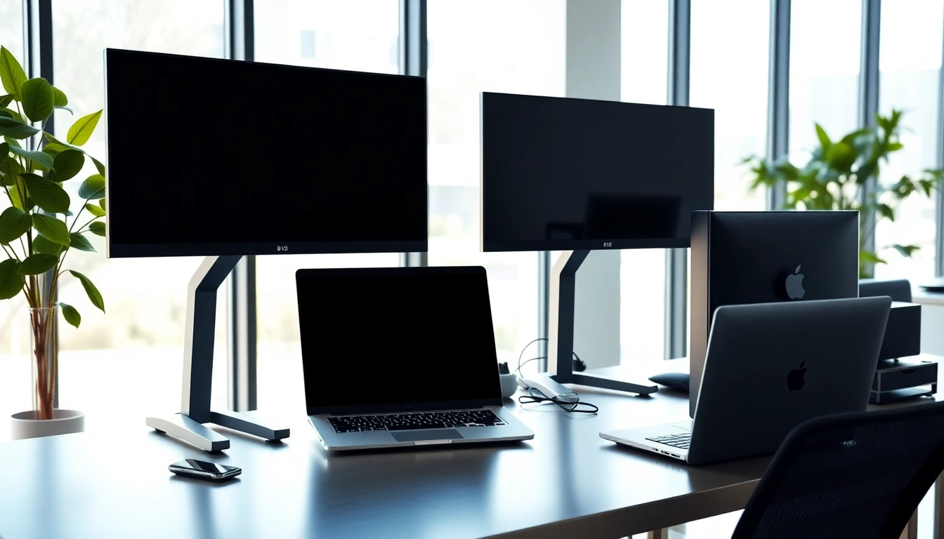 Υπολογιστής pc σε σύγχρονο γραφείο με φωτεινή διάταξη και διπλές οθόνες.