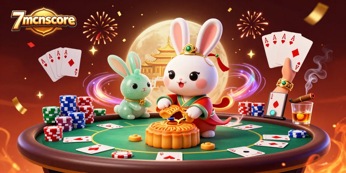 Engage with 7mcnscore as a moon rabbit reveals poker chips within golden mooncakes during a vibrant casino scene.