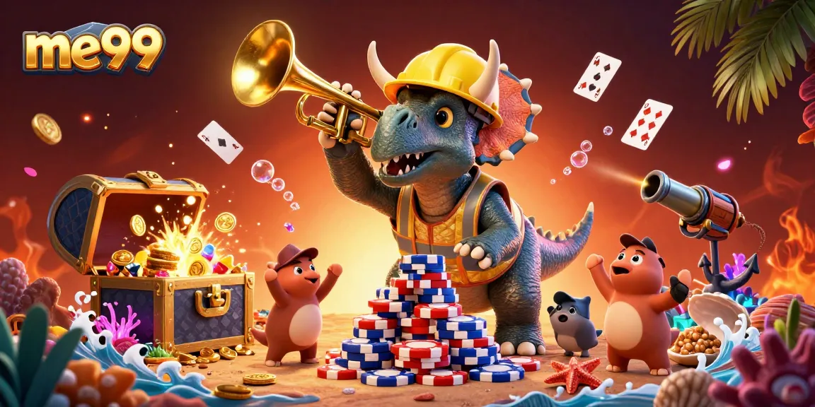 Join the fun at me99 as our cartoon dinosaurs celebrate with poker chips and treasure!