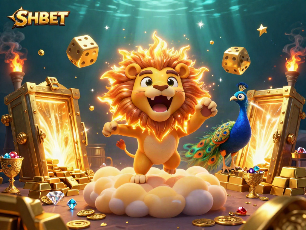 SHBET presents a dynamic casino scene with a roaring lion, golden dice, and treasures.