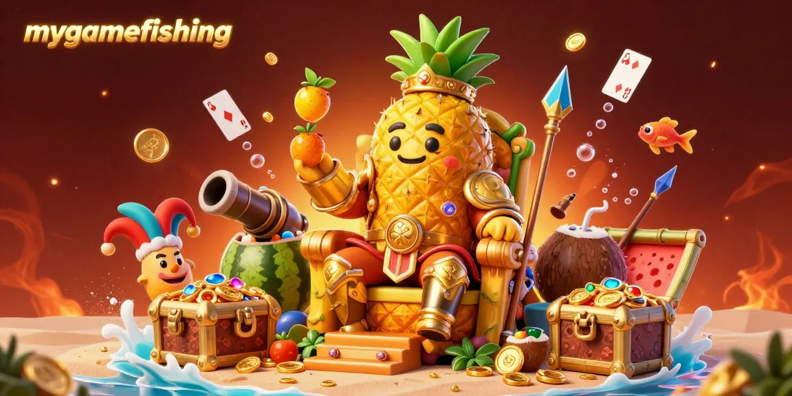 Engage in mygamefishing action with a vibrant 3D casino scene featuring a golden pineapple king and dynamic elements.