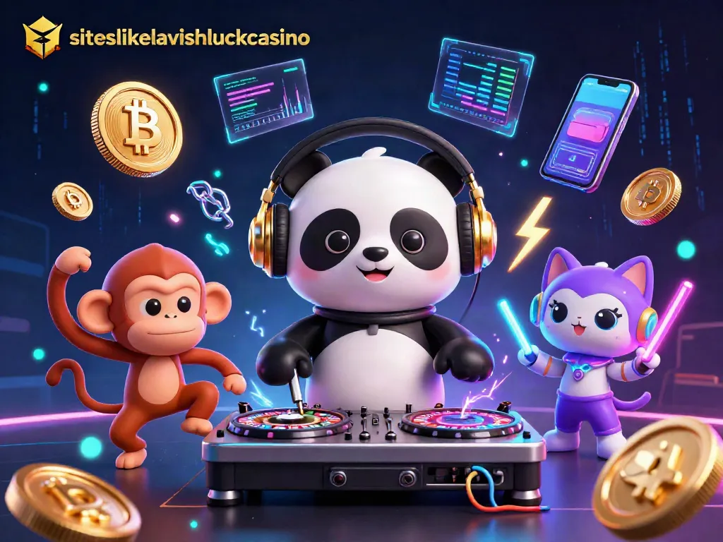 Engage with siteslikelavishluckcasino characters in a vibrant 3D casino-themed scene filled with digital elements.