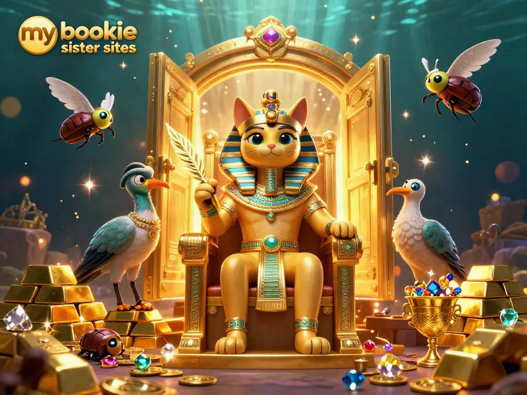 Engage with mybookie sister sites through vibrant casino imagery featuring golden treasures and Egyptian characters.