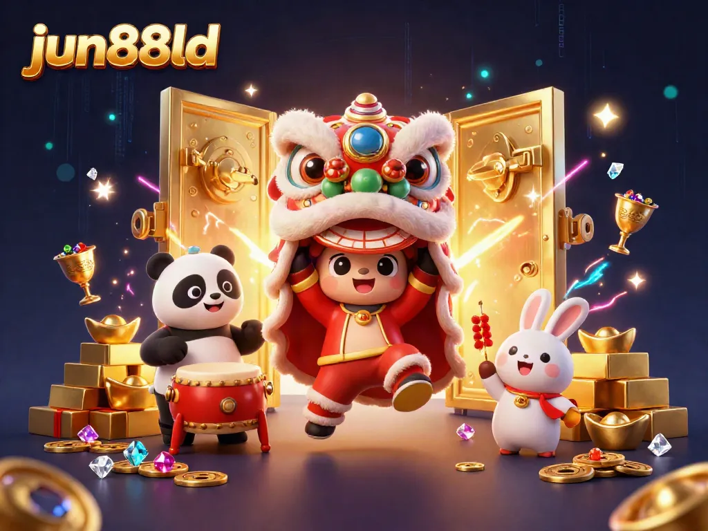Engage with exciting slots at jun88ld while a lively lion dance performs amidst treasure-filled wonders.