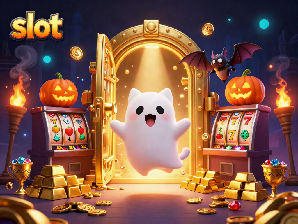 Experience thrilling slots action with a ghost cat and vampire bat in a vibrant casino scene.