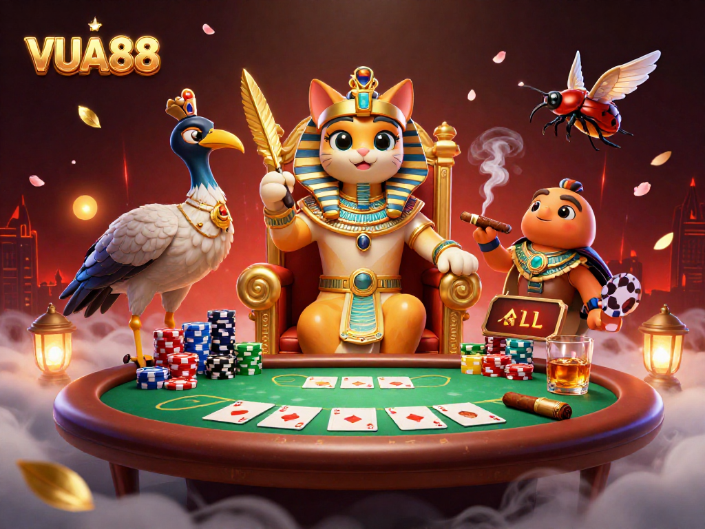 Engage in thrilling games at VUA88 with a vibrant 3D casino scene featuring unique characters and dynamic gameplay elements.