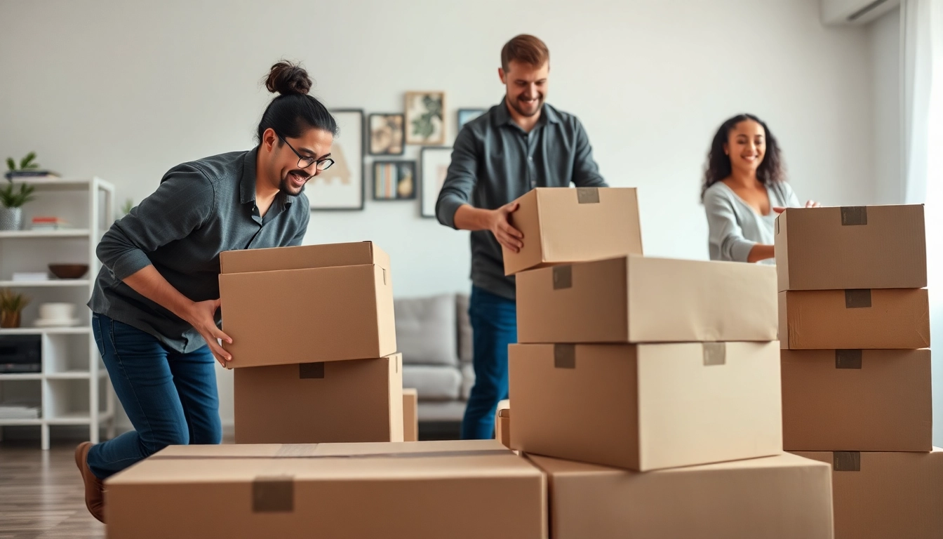 Professional Packing Services showcased through experienced packers organizing boxes, creating an inviting atmosphere.
