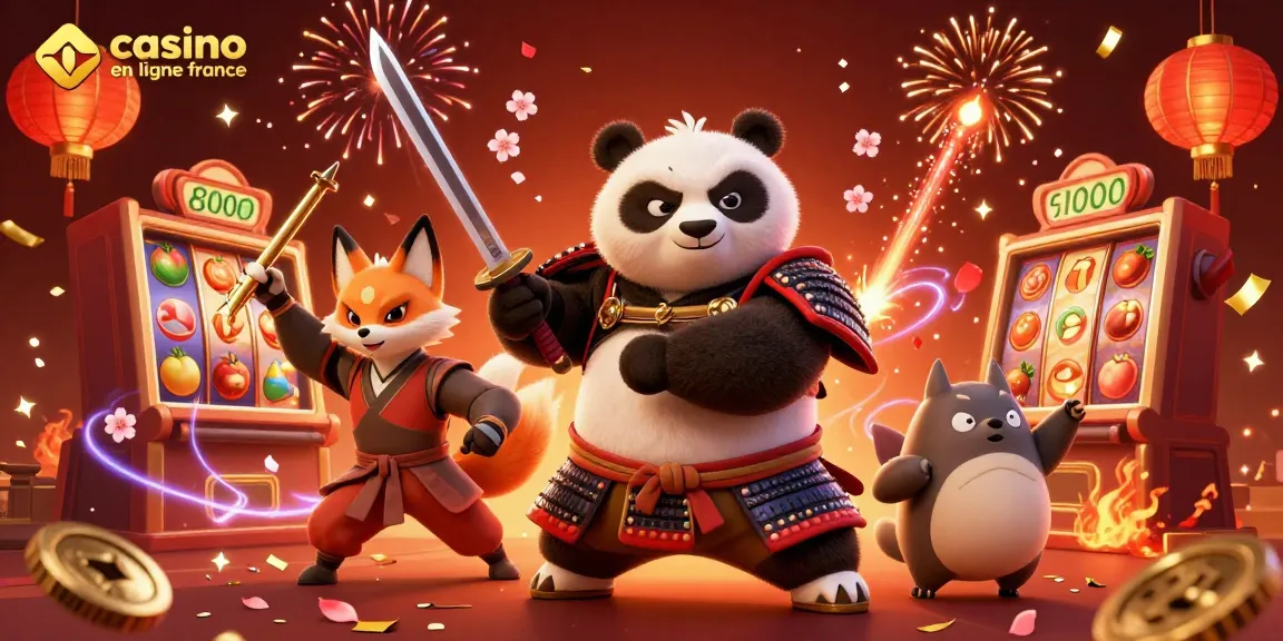 Illustration dynamique "casino en ligne france" avec un panda samouraï en action, entouré d'éléments de jeu.