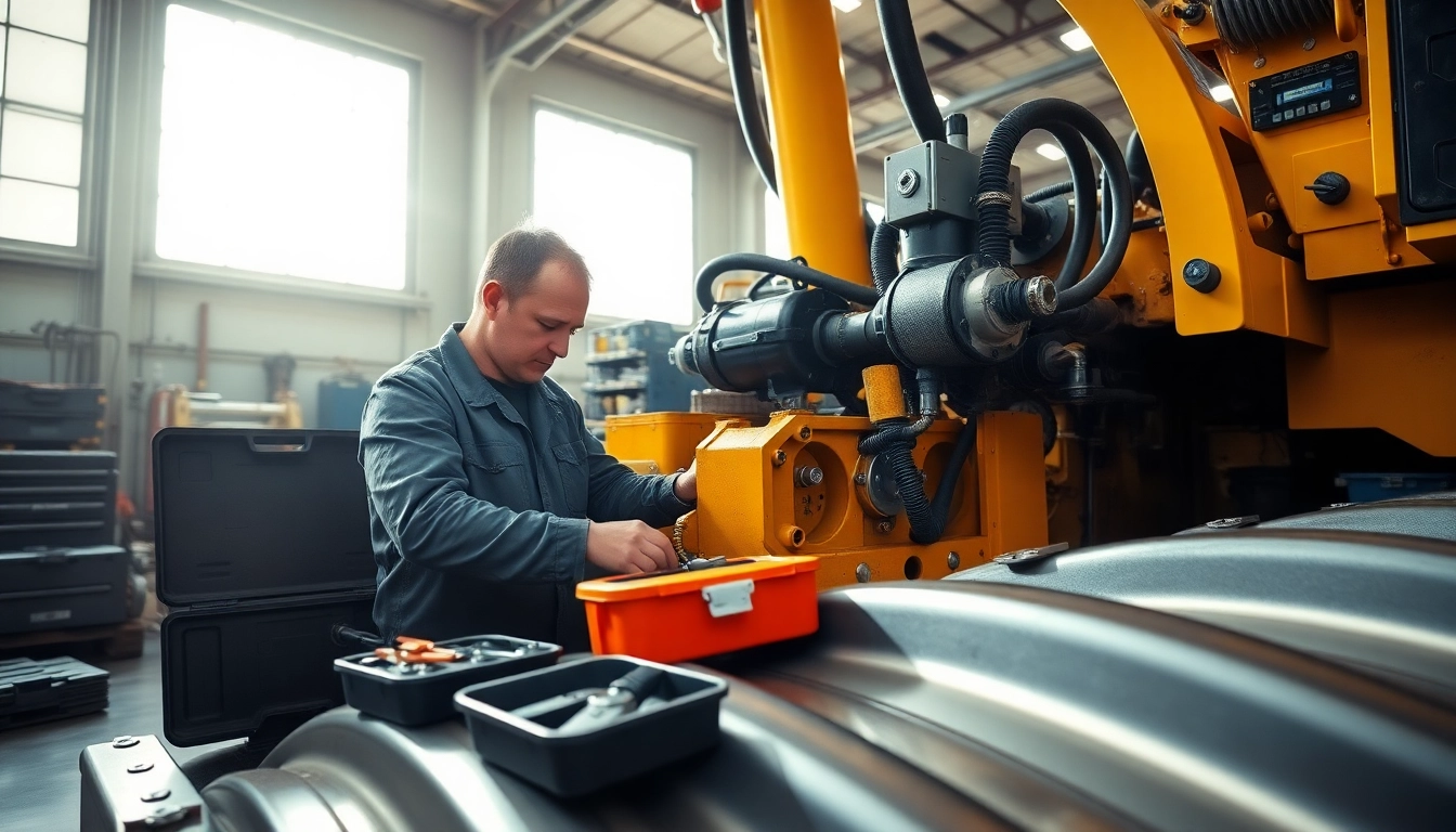 Providing essential equipment service while repairing a construction machine in a workshop.