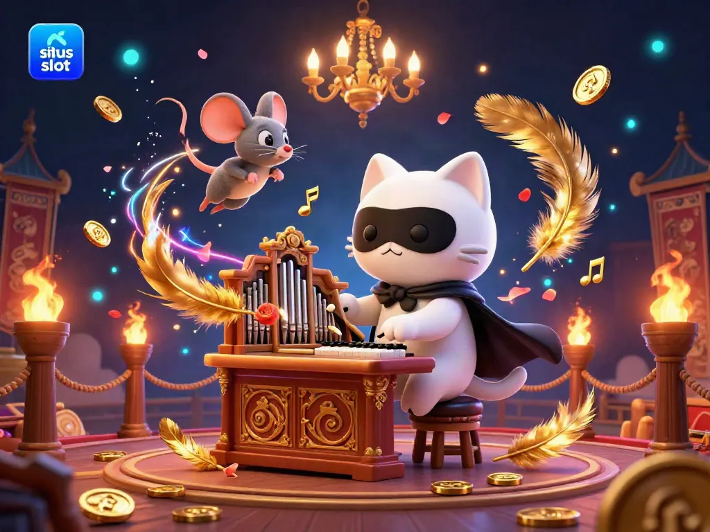 Experience the excitement of situs slot with a vibrant casino scene showcasing a masked cat at an ornate organ.