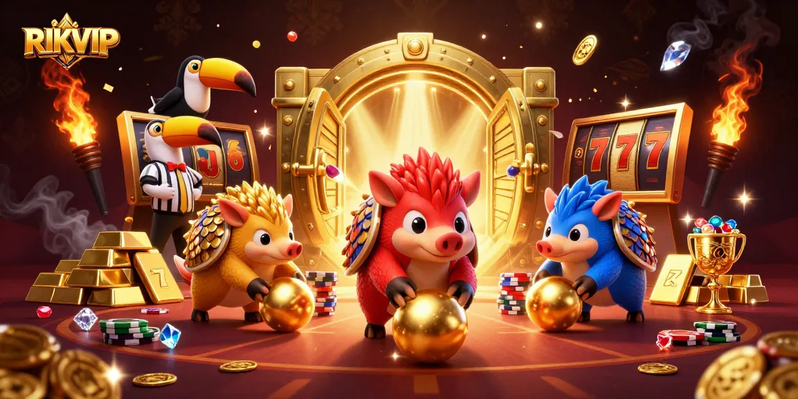 RIKVIP pangolins compete in golden jackpots amidst poker chips in an exciting casino scene.