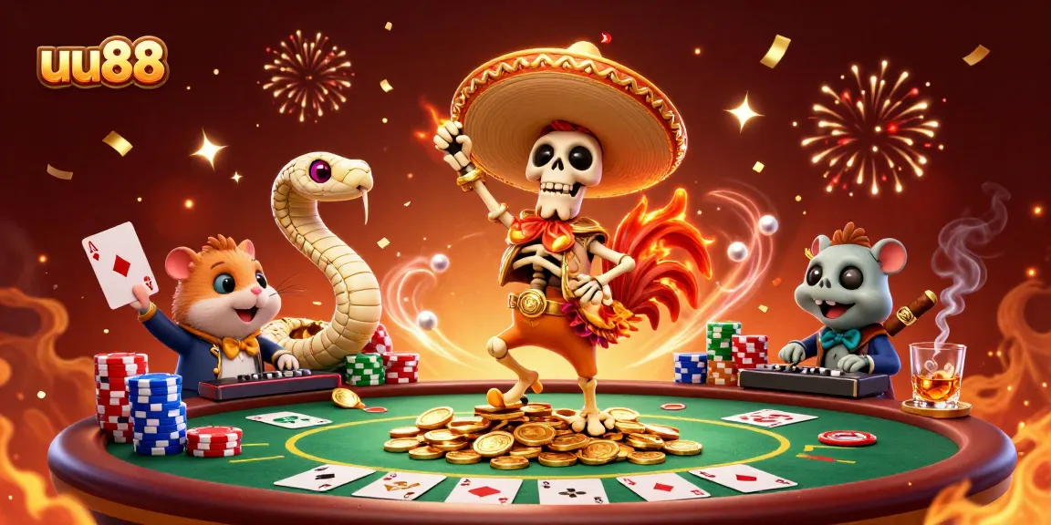Win big at uu88 with a lively 3D illustration of festive casino characters celebrating around poker elements.