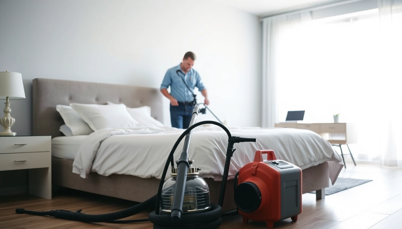 Effective bed bug removal demonstrated in a clean bedroom setting with pest control tools.