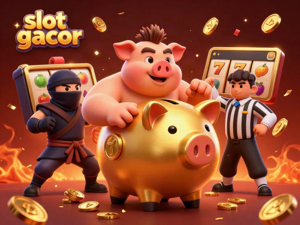 Engage in thrilling slots action showcasing slot gacor with a vibrant illustration of a golden piggy bank sumo wrestler.