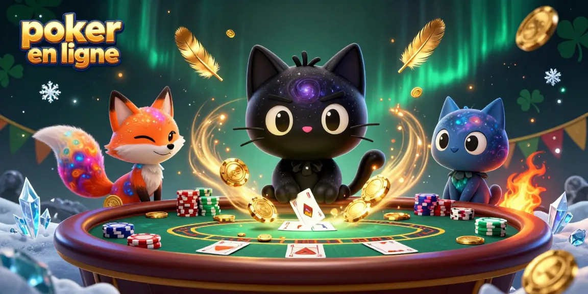 Jouez au poker en ligne avec cette illustration captivante du chat noir gravitationnel et du renard nébuleux.