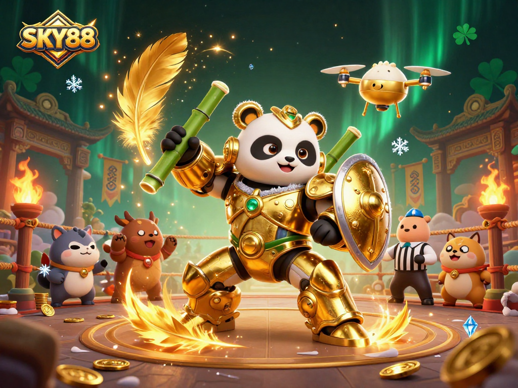 Experience thrilling battles at SKY88 with a golden panda in mech-suit and exciting casino elements!