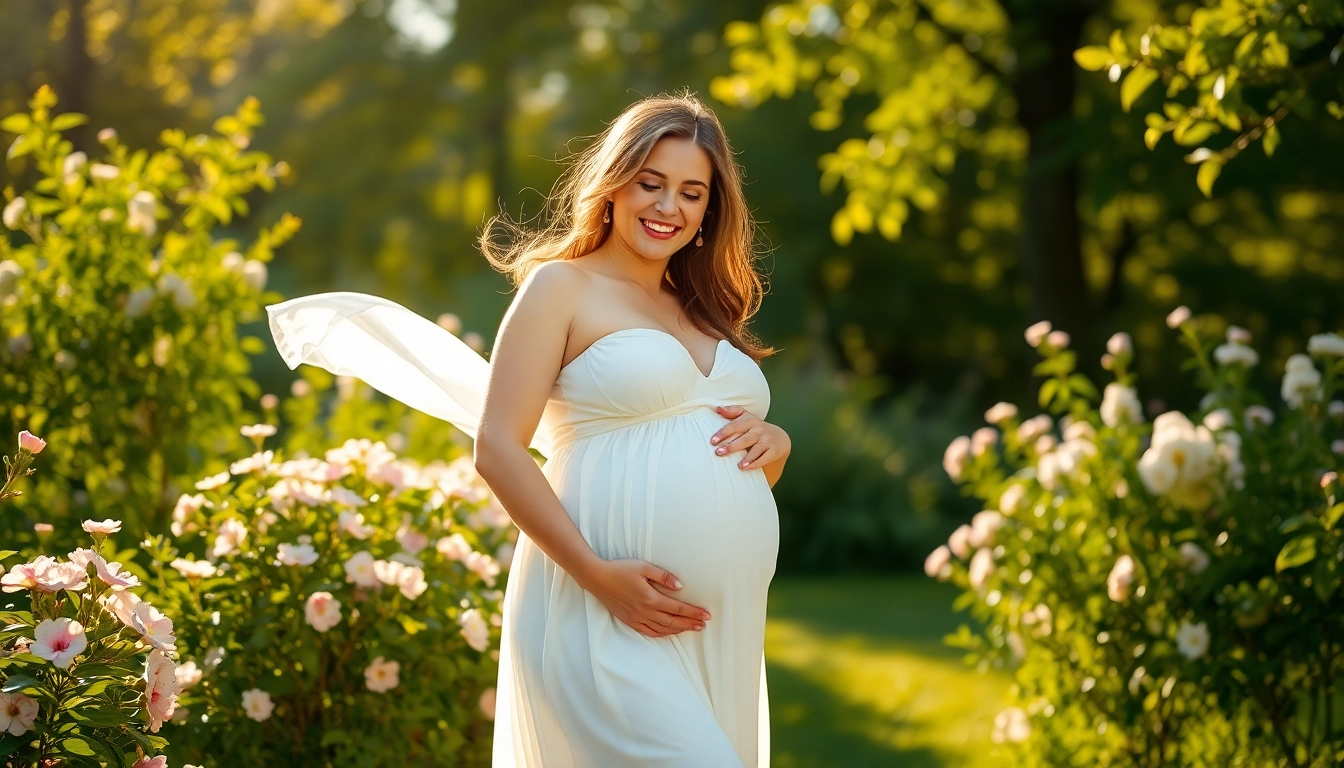 Mother poses for maternity photos Woodstock in a sunlit park, surrounded by vibrant blooms.