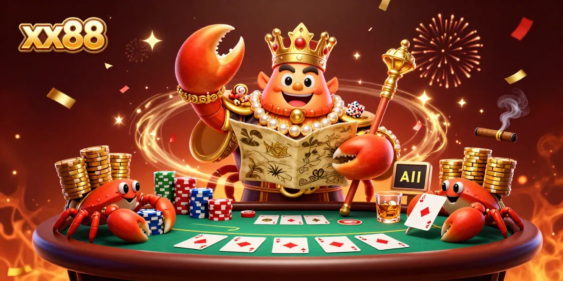 Win big at xx88 with a golden crab emperor guiding players through thrilling poker games.