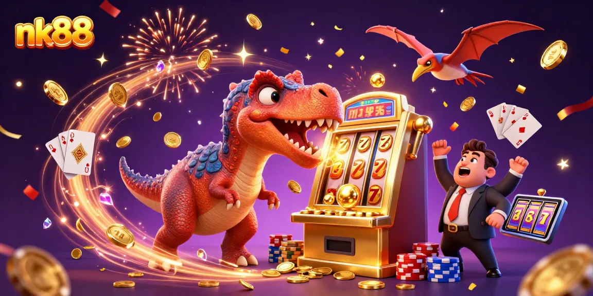 nk88 wins with a dinosaur headbutting a slot machine raining golden coins in a vibrant casino scene