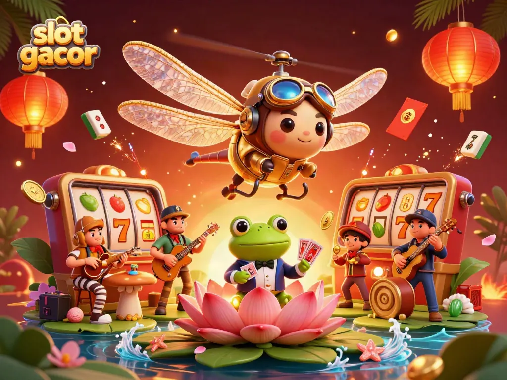 Engaging 3D illustration of slot gacor with dragonfly pilot, frog croupier, and jazz musicians.