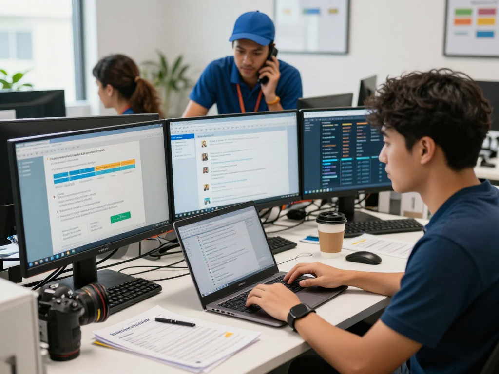 Operators enhancing contractor lead generation in a busy home service office.