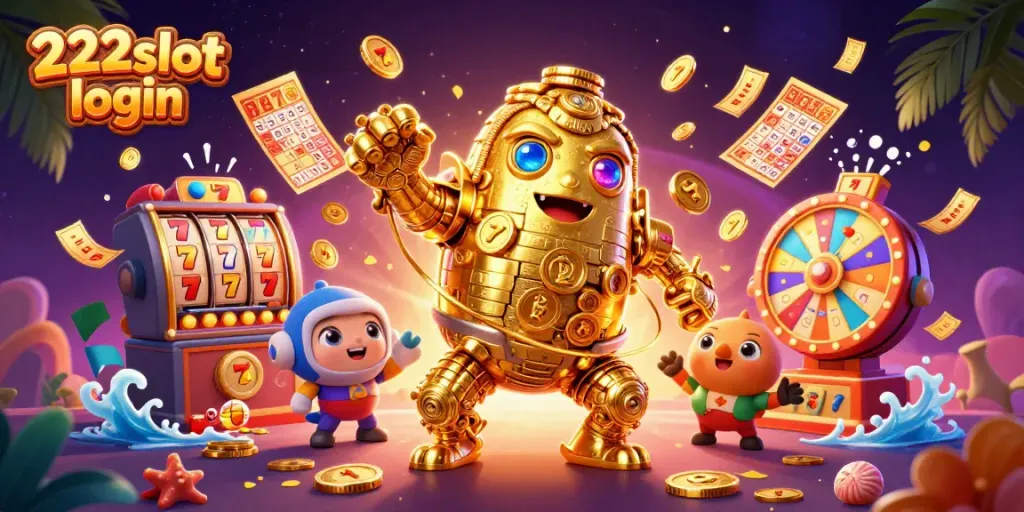Menangkan jackpot di 222slot login dengan golem emas berputar dan simbol slot.