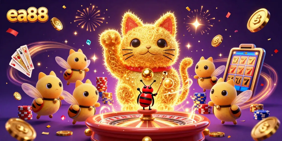 Win with ea88 by experiencing the excitement of a vibrant casino scene with dynamic golden fireflies.