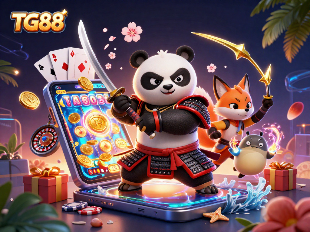 Engage with TG88's vibrant casino world as a panda samurai and fox ninja feature in thrilling action.