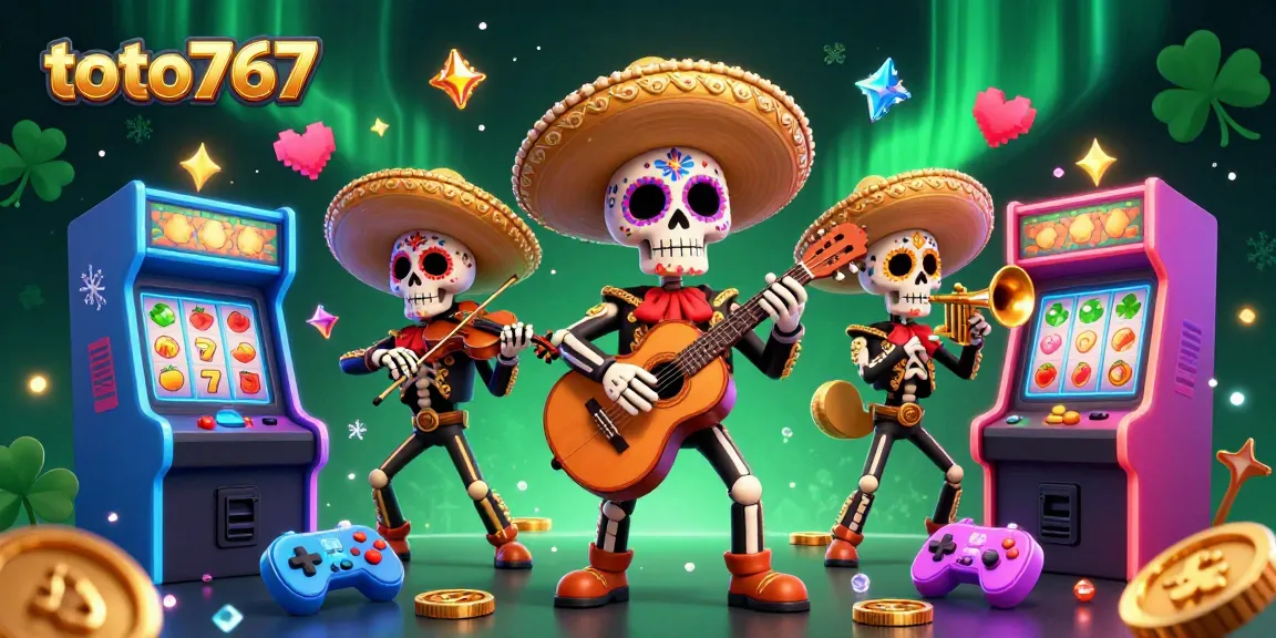 Menikmati permainan menyenangkan di toto767 dengan ilustrasi 3D band mariachi skeleton sambil mendengarkan musik kasino.