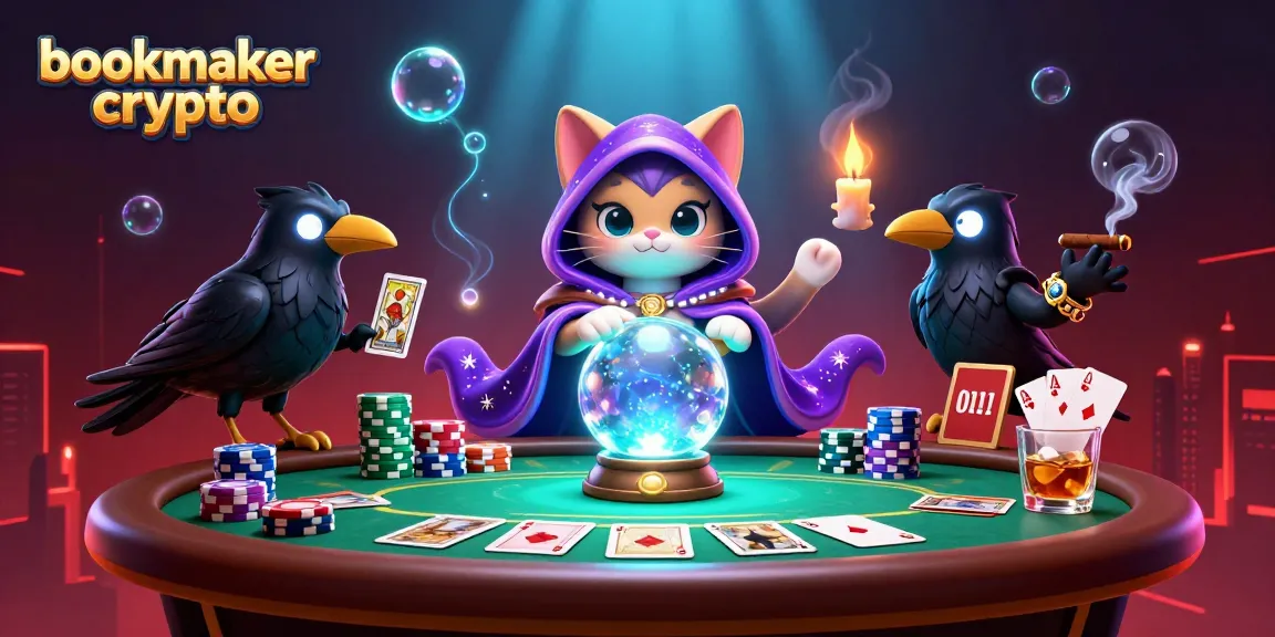 Les joueurs parient avec des cryptomonnaies sur des bookmakers crypto, entourés de jetons et de cartes de poker.