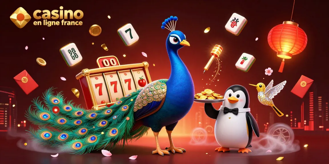 Une scène animée de casino en ligne France avec un paon aristocratique, un pingouin serveur et un colibri, entourés de jeux de machines à sous et d'objets porte-bonheur.