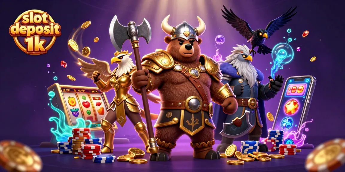 Gambarkan slot deposit 1k dengan berbagai elemen permainan menarik dan karakter kartun yang dinamis.