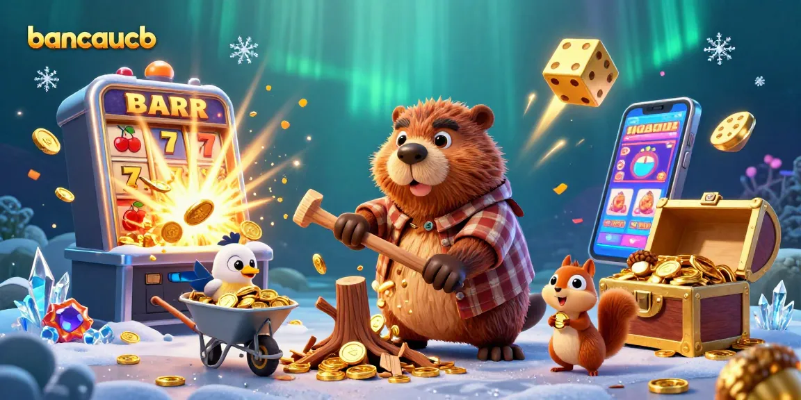 The bancaucb gambling scene features a 3D cartoon beaver by a slot machine, collecting coins and gold with sparkling elements.