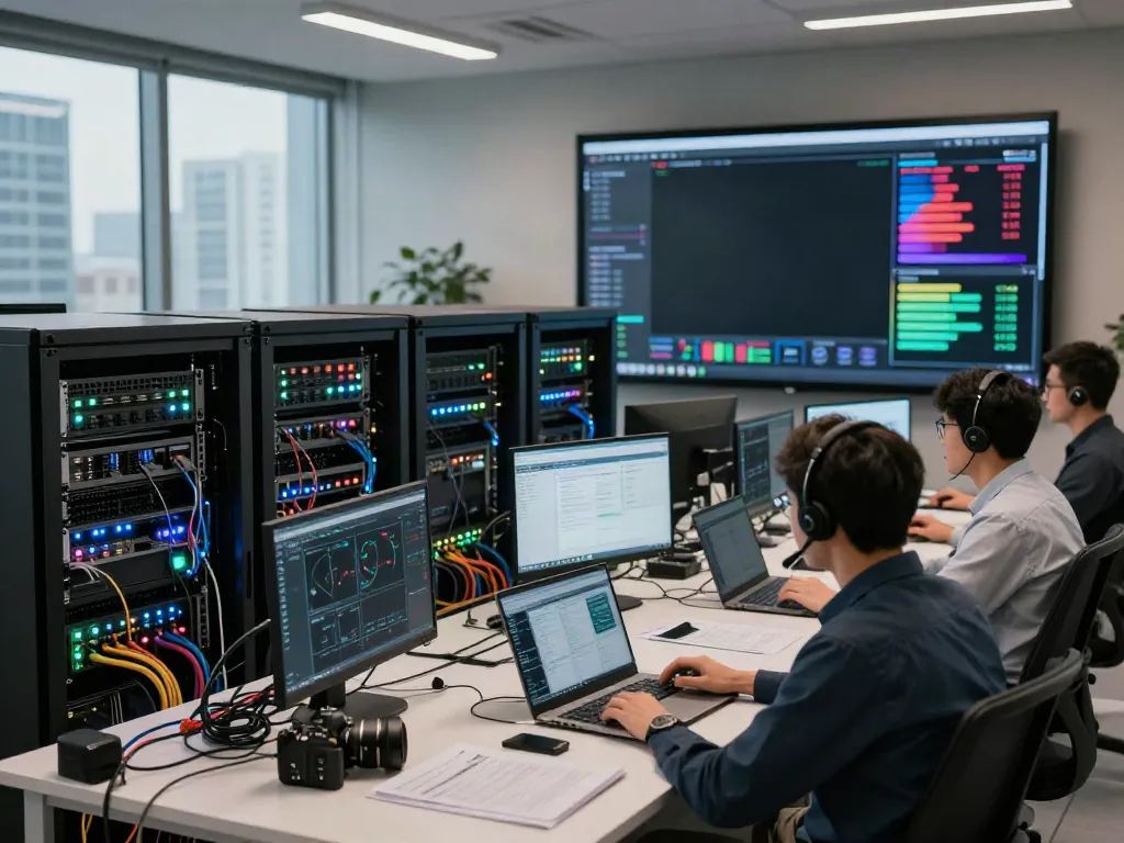 Engineers collaborating in a high-tech data center focused on GPU computing.