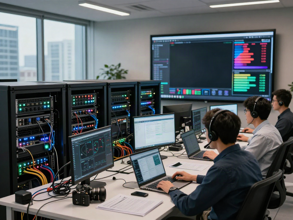 Engineers collaborating in a high-tech data center focused on GPU computing.