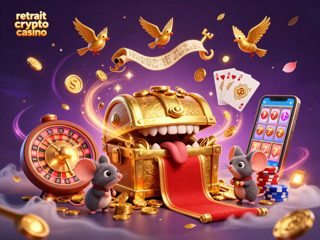 Plongez dans l'univers des retraits crypto casino avec cette illustration vibrante de trésor, jeux et symboles d'argent.