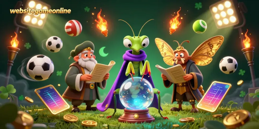 Engage with the lively scene of websitegameonline showcasing a praying mantis fortune teller and sports elements dynamically in 3D.