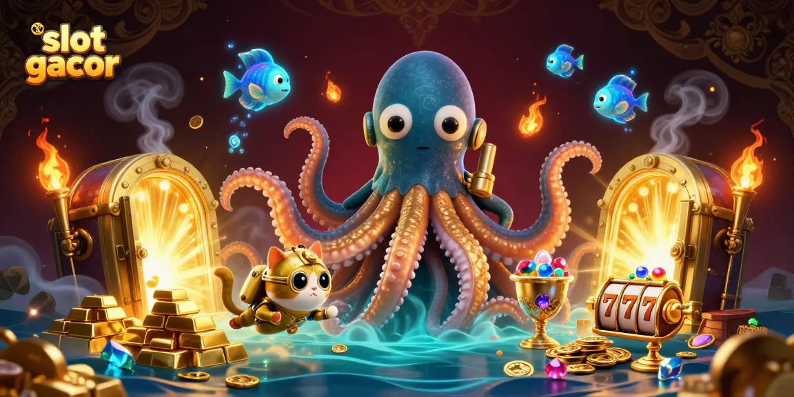 Engage in exhilarating slot gacor adventures with a colossal kraken and a diving cat in a treasure-filled scene.