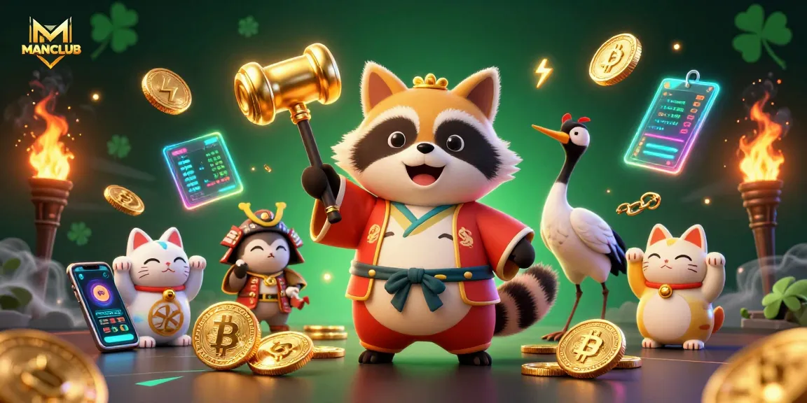 Play exciting games at MANCLUB while enjoying a vibrant 3D casino scene filled with fortune symbols.