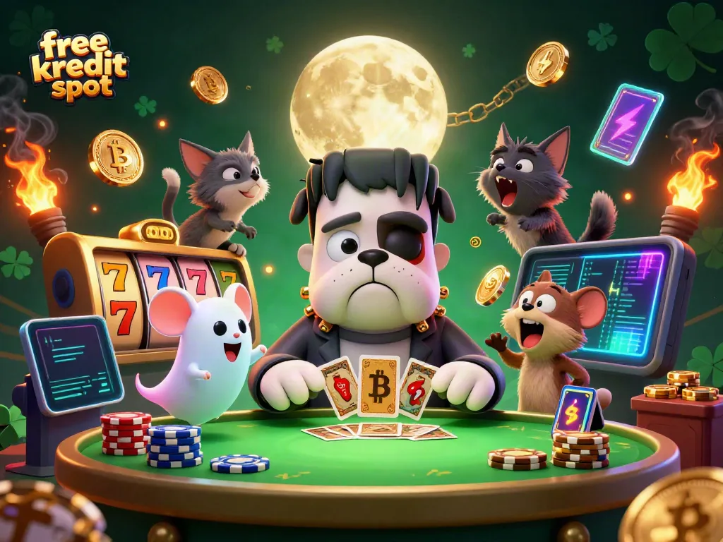 Engage with free kredit slot games featuring a playful Frankenstein bulldog dealer and unique casino elements.
