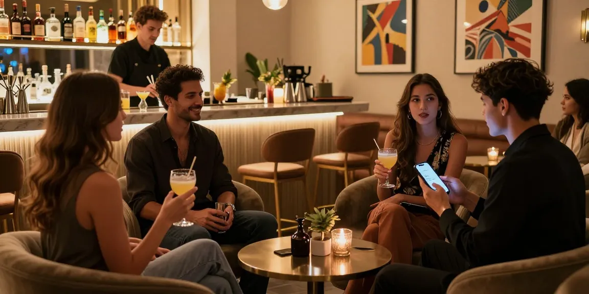 Vibrant lounge scene showcasing people enjoying drinks and discussing 오피사이트, highlighting nightlife choices.