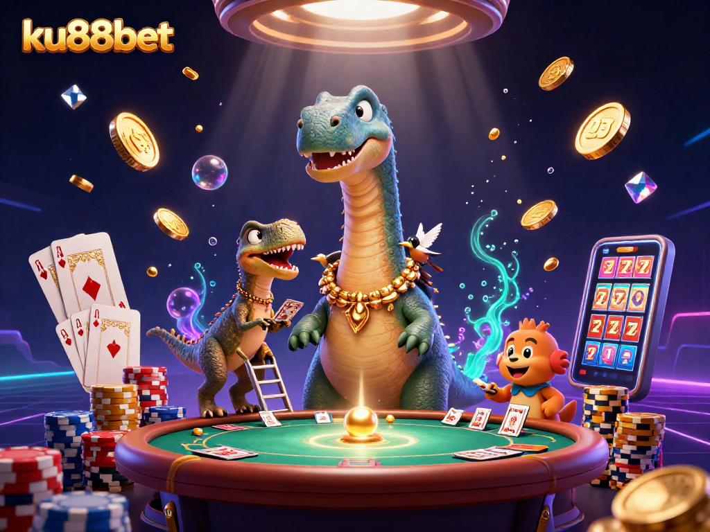 Experience the thrills of ku88bet with a lively casino scene featuring dynamic characters and gleaming game elements.