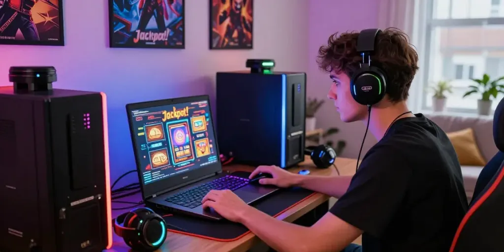 Engaged player enjoying a slot88 gaming experience in a vibrant home setup.