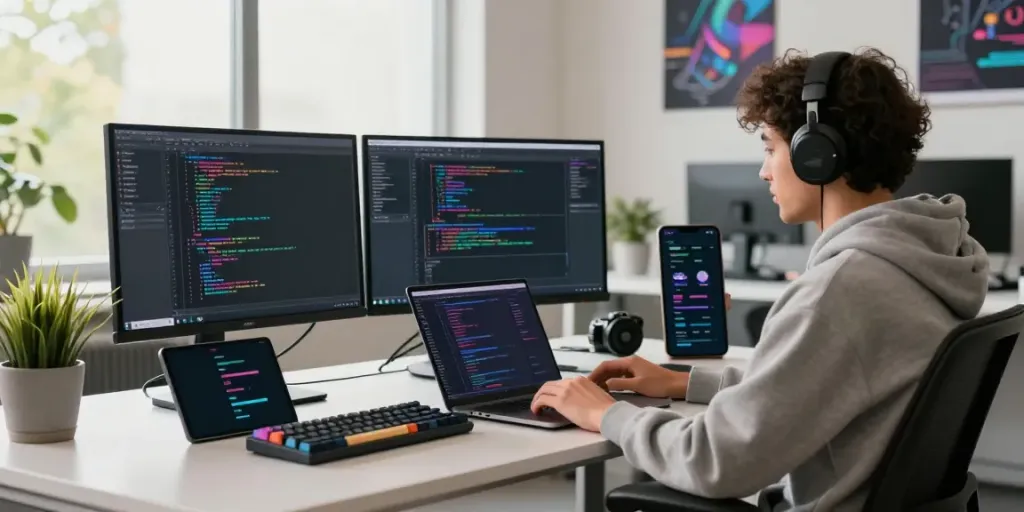 Explore free open-source Android apps at h5.2113.net in a vibrant tech workspace.