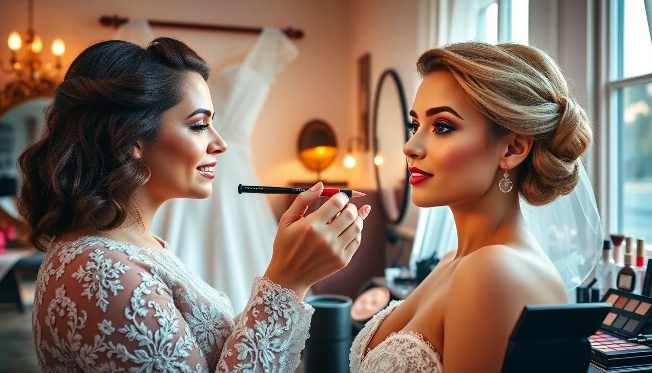 Trucco sposa impeccabile mentre una truccatrice lavora su una sposa in uno studio luminoso.