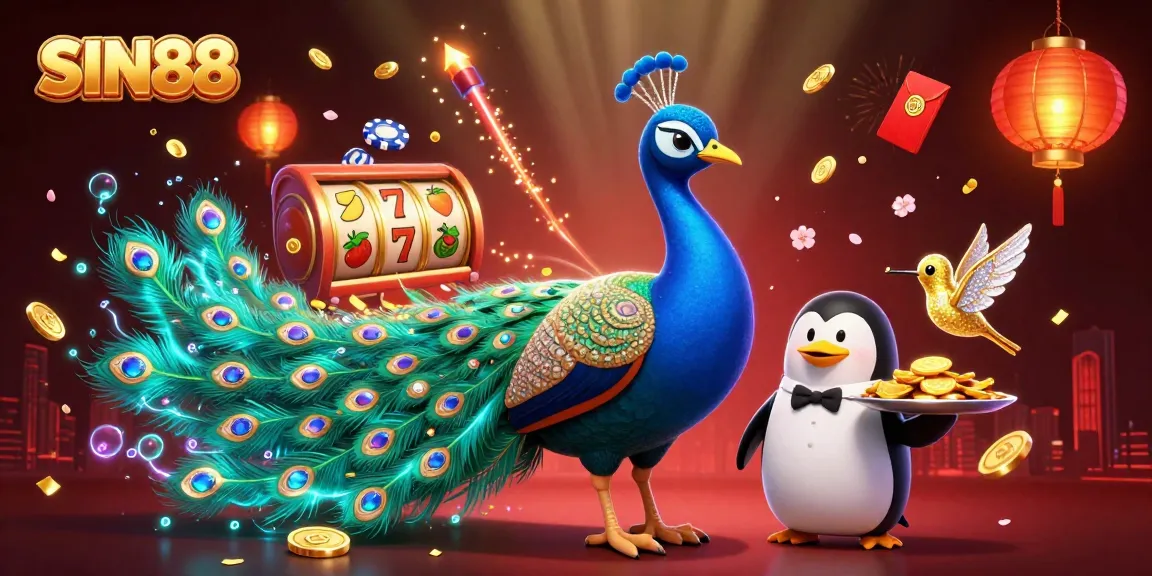 SIN88 captivates players with a dynamic casino atmosphere featuring a peacock, butler penguin, and golden hummingbird.