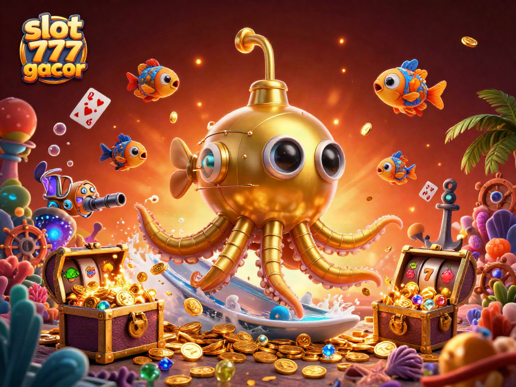 Experience the thrill of playing slot 777 gacor with a vibrant kraken submarine scene