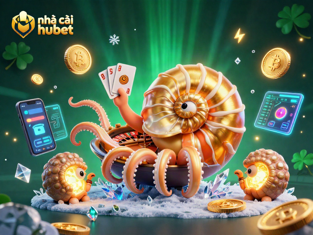 Play at nhà cái hubet with 3D characters, Bitcoin coins, and casino-themed elements.