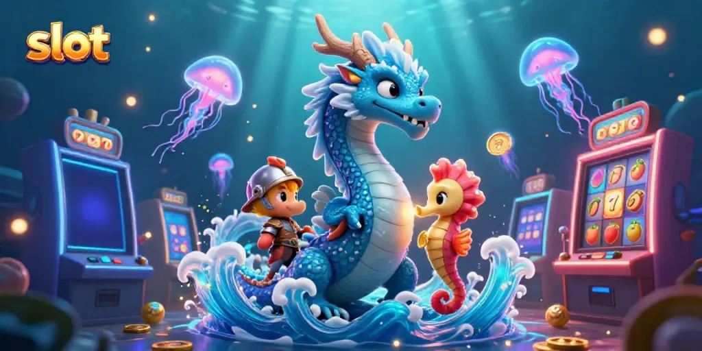 Slot yang menghibur dengan naga air dan ikan seahorse, dihiasi mesin slot berwarna-warni dan efek cahaya.