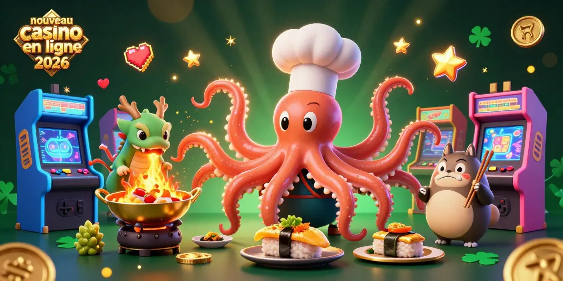 Scène animée de nouveau casino en ligne 2026 présentant un chef sushi, un dragon et un client.